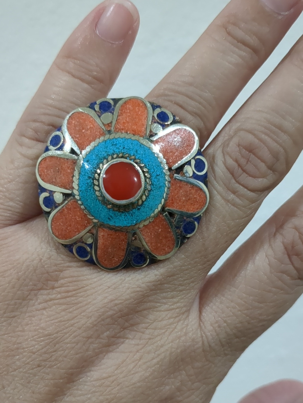 Tibetan Handmade Orange Turquoise Flower Statement Ring - Unbranded